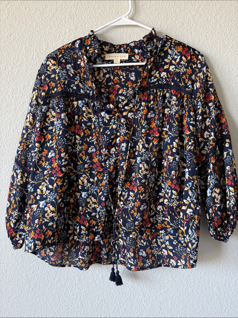 lovestitch Navy Floral Tie-Neck Boho Peasant Blouse